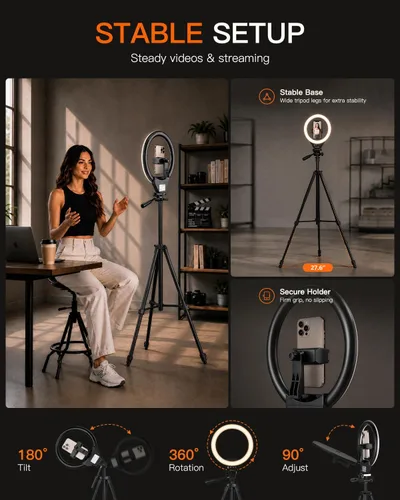 Vista 7 de SENSYNE - Anillo de luz de 10 pulgadas con soporte de trípode extensible de 50 pulgadas, luces circulares LED con soporte para teléfono