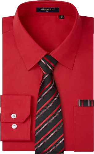 Vista 87 de HISDERN Mens Dress Shirt with Tie Pocket Square Set Classic Button Down Shirt Matching Tie Long Sleeve Shirts 08-verde