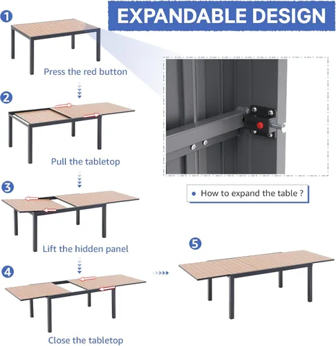 Vista 6 de Soleil Jardin Mesa de Comedor Extensible de Aluminio para Patio, 63" - 105", Mesa Rectangular Ajustable para Interiores y Exteriores con Superficie