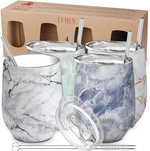 Vista 9 de THILY Paquete de 4 vasos de vino de acero inoxidable con aislamiento al vacío con tapas deslizantes y pajitas, 12 onzas, mantiene el frío para jugo