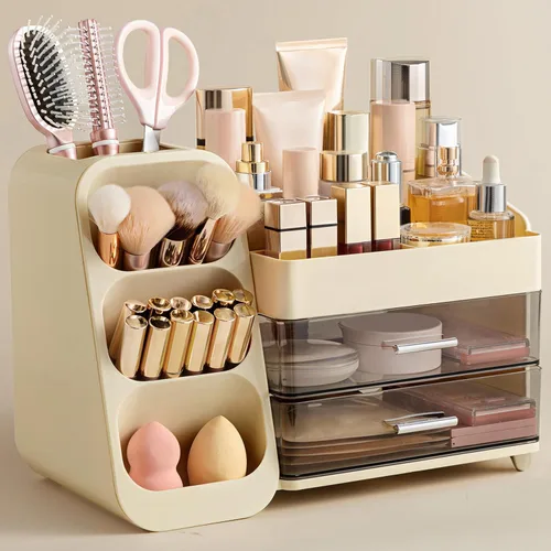 Vista 17 de HBlife Organizador de maquillaje con soporte para brochas para tocador, organizador grande de plástico para tocador de baño, almacenamiento