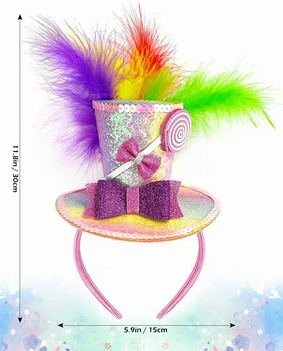 Vista 3 de Sweet Mini Top Hat Lollipop Diadema con plumas Disfraz de sombrero loco Accesorio de disfraz de caramelo para Mardi Gras, Halloween, fiesta de té