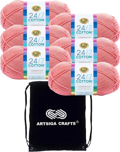 Vista 54 de Lion Brand 24/7 Algodón Blanco 761-100 (6-Carrillos - Mismo Lote de Tinta) Hila Gruesa Media #4 de Algodón para Crochet y Tejido con Bolsa