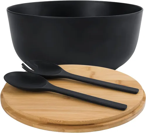 Vista 2 de LOVYANXUE - Juego de ensaladera de fibra de bambú con utensilios para servir de gran tamaño de 9.8 pulgadas, juego de mezcla de bambú natural