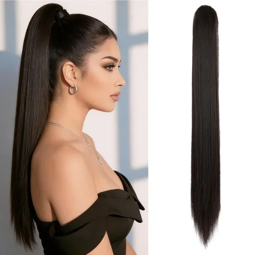 Vista 24 de Felendy Extensión de cola de caballo de 18 pulgadas, mezcla de rubio ceniza, marrón oscuro, rizado, ondulado, con clip, extensiones de cabello largo