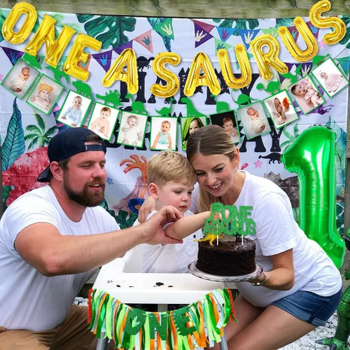 Vista 4 de Sursurprise Decoraciones de cumpleaños de One a Saurus, suministros de fiesta de primer cumpleaños de dinosaurio con globos, pancarta para silla