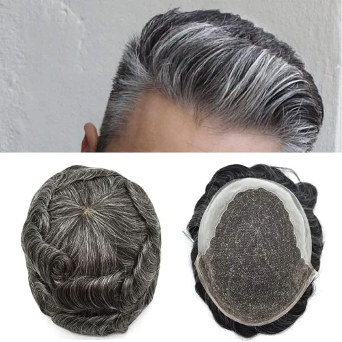 Vista 42 de Toupee para hombres, sistema de reemplazo de cabello humano Remy, nudos blanqueados, encaje frontal, piel fina, para hombre, color gris, pelucas