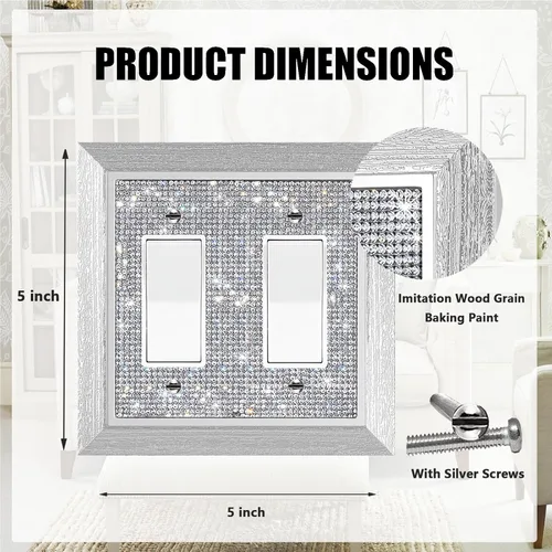 Vista 2 de Cubierta de interruptor de luz con diamantes de imitación plateados brillantes, cubiertas de enchufe de pared, placa decorativa de pared, enchufes