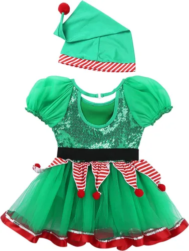 Vista 4 de Disfraz de elfo de Navidad para niñas, vestido tutú de malla con lentejuelas y pompón con sombrero para cosplay