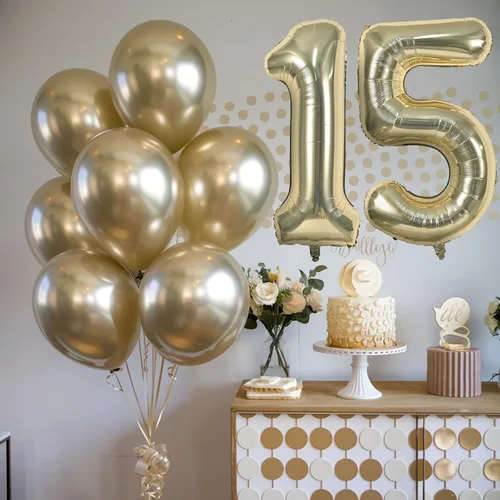 Vista 8 de Juego de Globos Dorados Número 15, Globos Dorados Número 15 para el 15º Cumpleaños, Globo de Oro de Lámina con Forma de Estrella y Corazón con Globo