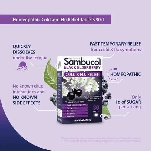 Vista 4 de Tabletas para el alivio del resfriado y de la gripa Sambucol Black Elderberry, 30 tabletas (2 paquetes) Homeopathic Black Elderberry Cold