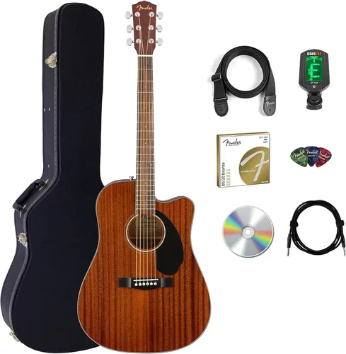 Vista 11 de Fender CD-60SCE - Guitarra electroacústica Dreadnought de tapa sólida - Paquete negro con funda, cable, afinador, correa, cuerdas, púas, DVD