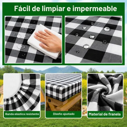 Vista 4 de RNOONY Cubierta de Mesa de Picnic de Vinilo Ajustable con Fundas de Banco y Bolsa, Mantel de 6 pies para Exteriores Impermeable y Resistente al