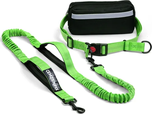 Vista 7 de Correa de perro manos libres con cinturón – Bungee sin tirones, asas acolchadas dobles y bolsa con cremallera para correr, caminar y entrenar
