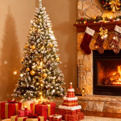 Vista 6 de GAOMON 7.5FT Pre-Lit Flocked Artificial Christmas Tree, 450 Lights Type 12