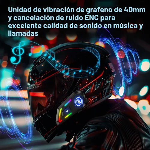 Vista 2 de Auriculares Bluetooth para casco con luces RGB para conductores, altavoces de casco con micrófonos duales, llamadas manos libres, música, IPX5