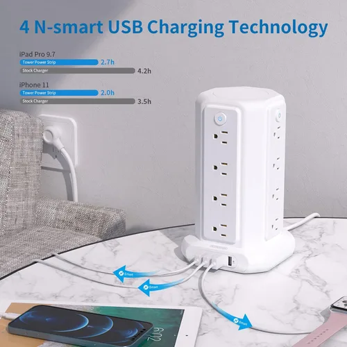 Vista 9 de NTONPOWER - Regleta protectora de sobretensiones en torre, 16 salidas y 4 puertos USB, estación de carga de escritorio, interruptor individual