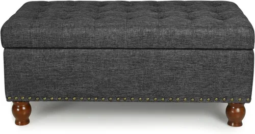 Vista 10 de Adeco Otomana de almacenamiento, banco tapizado rectangular de piel sintética con patas de madera, reposapiés, mesa de café para sala de estar Negro