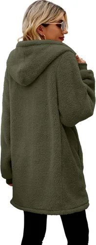 Vista 4 de ReachMe - Chaqueta tipo sudadera con capucha para mujer, de vellón, con cierre y bolsillos, larga, de gran tamaño, mullida y cálida