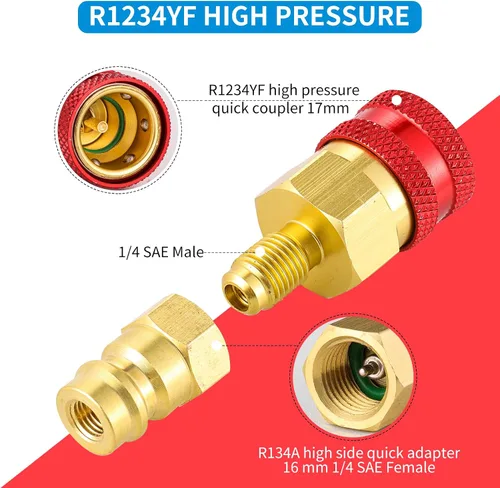 Vista 3 de Kit de adaptador R1234YF, adaptador de acoplador rápido R1234YF a R134A, acoplador rápido de lado alto/bajo, adaptador de manguera de carga de CA