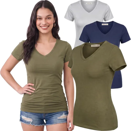 Vista 44 de Emmalise Camiseta de manga corta para mujer, cuello en V, tallas junior y plus