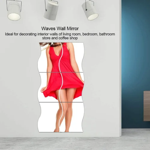 Vista 4 de Haofy Calcomanías de pared de espejo, 6 unidades/juego de calcomanías de espejo de pared con forma de ondas, adhesivo de espejo de moda, combinación