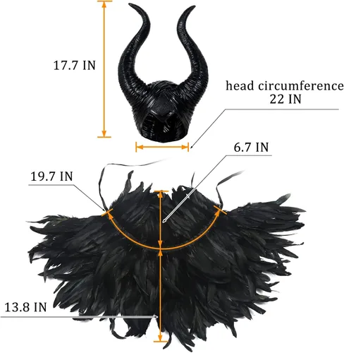 Vista 6 de VZQI Disfraz de cuernos de plumas de reina malvada para mujer, capa negra, accesorios de chal para Halloween