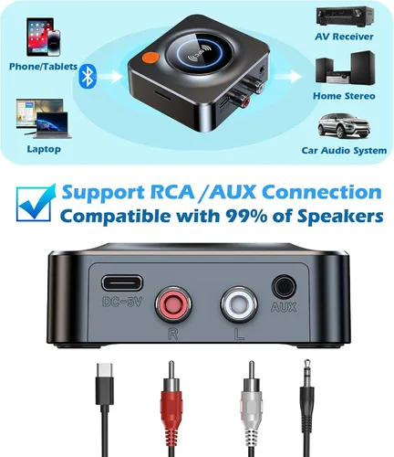 Vista 3 de Receptor Bluetooth para estéreo de casa, adaptador AUX RCA a Bluetooth para altavoces antiguos, receptor de audio inalámbrico NFC para sistema