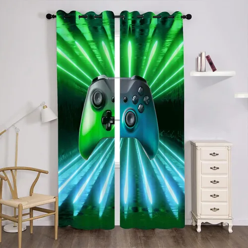 Vista 5 de Cortinas de ventana de gamepad verde y azul, cortinas modernas para ventana de jugador, tratamiento de ventana de juegos para jugadores, aislamiento