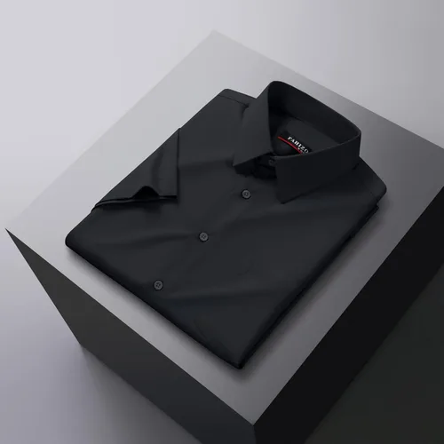 Vista 3 de FAHIZO Camisa de vestir de manga corta para hombre, ajuste regular, casual, de negocios, elástica, con botones, con bolsillo