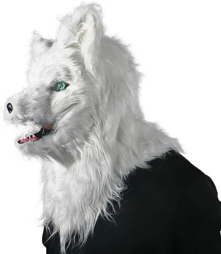 Vista 3 de Máscara de lobo de Halloween, máscara divertida de pelo blanco aterrador, mandíbula móvil realista Cabeza de animal de piel sintética de felpa