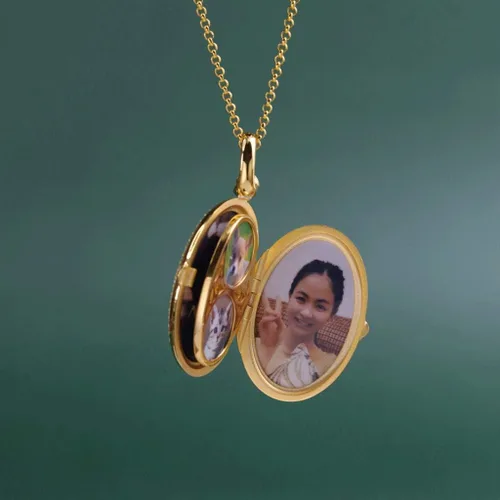 Vista 5 de BAUBUY Collar con medallón de plata de ley, colgante de oro ovalado con foto, medallón que sostiene fotos, collar de recuerdo y joyería