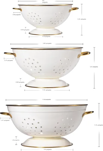 Vista 2 de Juego de 3 coladores de metal, cesta coladora con asas, perfecto para espaguetis, pasta, bayas, verduras, frutas, base sólida con recubrimiento
