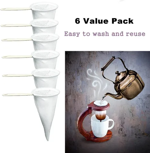 Vista 2 de Paquete de 6 coladores reutilizables de tela Colador Café, Té, Lote de coladores a granel, filtro de malla de tela filtrante, con mango de plástico