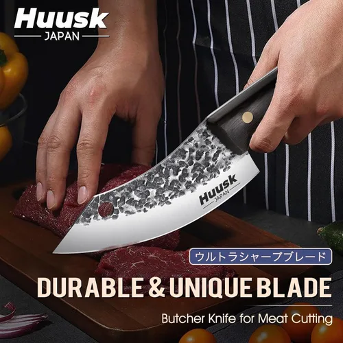 Vista 2 de Huusk Mini cuchillo japonés, pequeños cuchillos de carne con funda, cuchillos únicos de cavernícola, cuchillo vikingo de chef forjado a mano