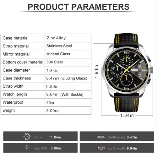 Vista 6 de SKMEI Men Watches Black Leather Band Sports Large Big Face Luxury Waterproof Luminous Fashion Dress Casual Analog Quartz Chronograph Father Gifts