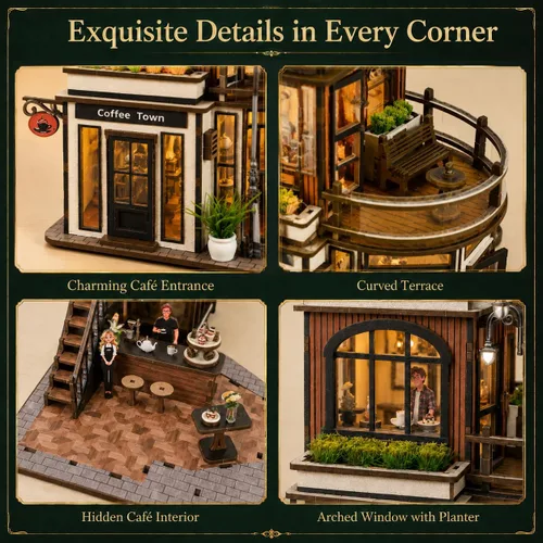 Vista 3 de Kit de rincón de libros de cafetería, rompecabezas de madera 3D para adultos con luces LED, decoración de casa de muñecas para escritorio