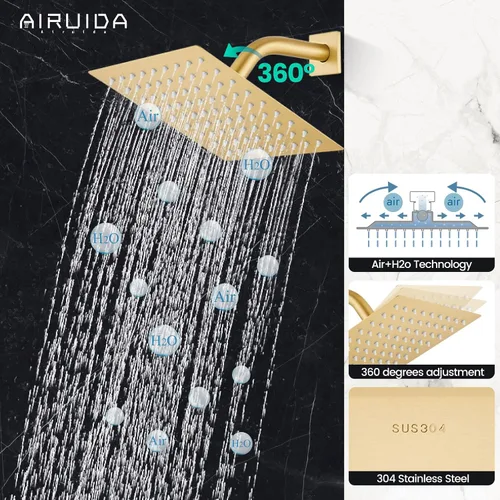 Vista 8 de Airuida - Juego de grifo de ducha dorado cepillado, kit de válvula de ducha de 8 pulgadas