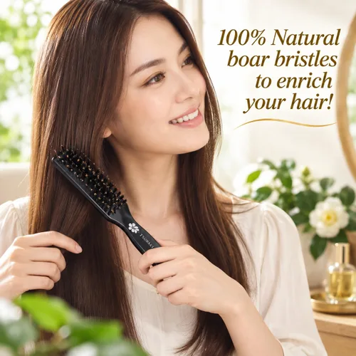Vista 4 de Cepillo de pelo de cerdas de jabalí natural [fabricado en Japón] con aceite de camelia, cerdas suaves [cepillo para el cabello], calidad premium