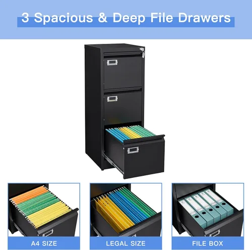 Vista 5 de Yizosh Archivador negro de 3 cajones con cerradura, archivadores para oficina en casa, gabinetes de almacenamiento de archivos de oficina