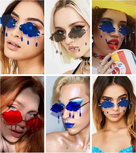 Vista 2 de NULOOQ Gafas de sol de Halloween sin montura para mujeres y hombres, gafas de árbol de Navidad, fiestas, bailes, cosplay, rave (nube dorada, rosa)