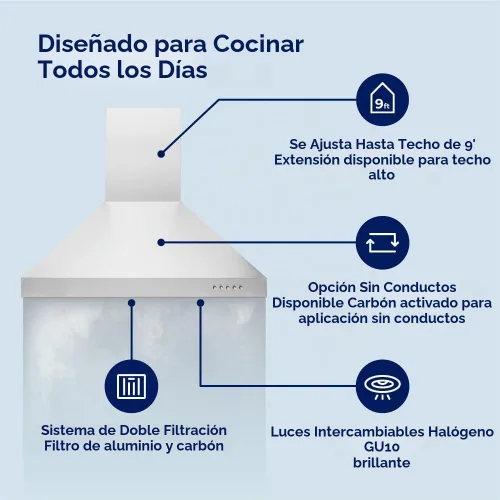 Vista 4 de Hauslane - Campana extractora de pared, 30 pulgadas, base convertible de 350-750 CFM Acero inoxidable