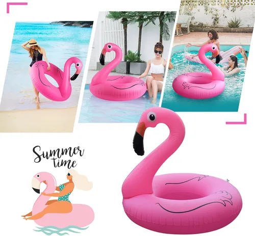 Vista 6 de Inflatable Flamingo Pool Floats with Lights, FlyfreeU Solar Powered Pink Pools Flamingo Float Rings, 42'' Lake Beach Floaties Swimming Rings Summer
