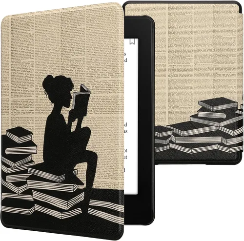 Vista 23 de kwmobile Funda compatible con Amazon Kindle Paperwhite 11. Generación 2021 - Funda para lector electrónico - Libros y páginas Beige/Marrón/Dorado