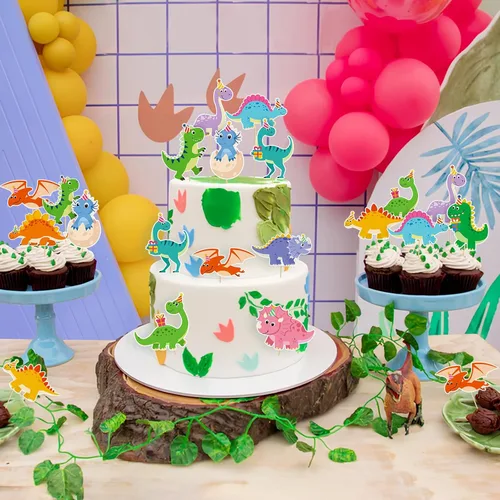 Vista 9 de 48 piezas de decoración de cupcakes de dinosaurio de dibujos animados para cupcakes con temática de dinosaurios para cumpleaños, baby shower