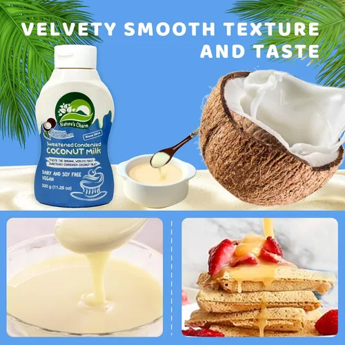 Vista 5 de Nature's Charm - Leche de coco condensada endulzada, botella para apretar, sin lácteos y soja, vegana, sin lactosa, sin gluten. Rico sabor a coco