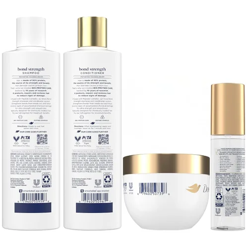 Vista 2 de Dove Fuerza de Enlace, Sistema de Terapia de Daños – Champú, Acondicionador, Suero Escudo 10-en-1 y Mascarilla de Péptidos, Tratamiento