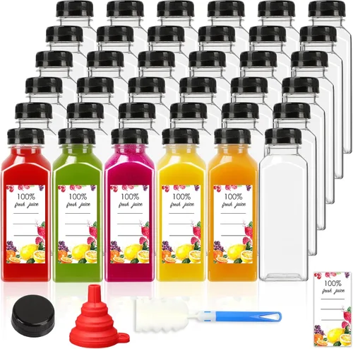 Vista 7 de Moretoes 40 botellas de jugo de 12 onzas, botellas de plástico vacías con tapas, contenedores reutilizables para bebidas a granel transparentes