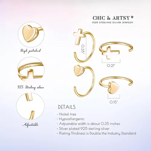 Vista 5 de CHIC & ARTSY Aretes de aro de plata de ley 925, pequeños aretes de aro de bola, barra, estrella, luna, corazón, cruz, punto, triángulo, medio aro