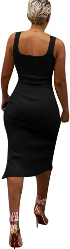 Vista 2 de Salimdy - Vestido de longitud media con corte tubo, sexy y liso, con tirantes delgados, acanalado, con botones, abertura lateral, entallado